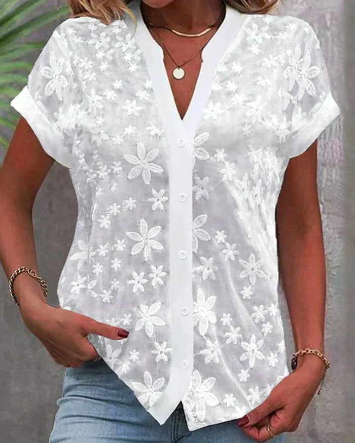 Blouse Femme Brodée Col V Manches Courtes - Solène