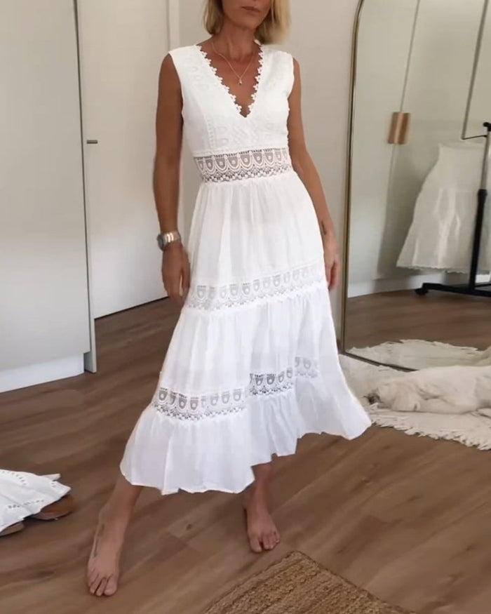 Robe Longue Femme En Dentelle Blanche Bohème - Sylvie