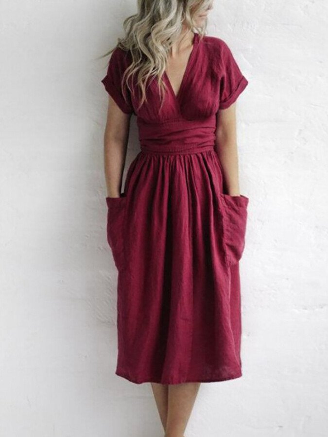 Robe Portefeuille Femme En Lin Midi Ceinture - Léonie