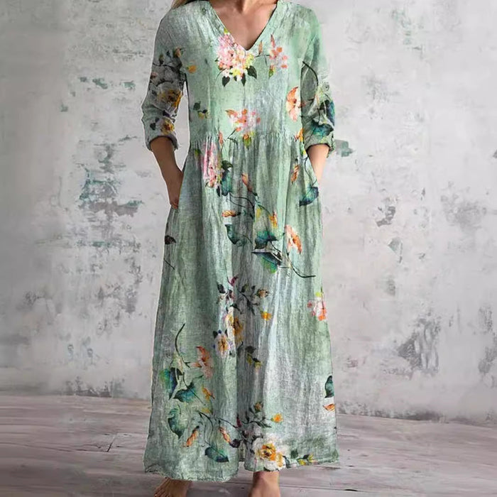 Brigitte - Robe Longue Femme en Lin Fleurie