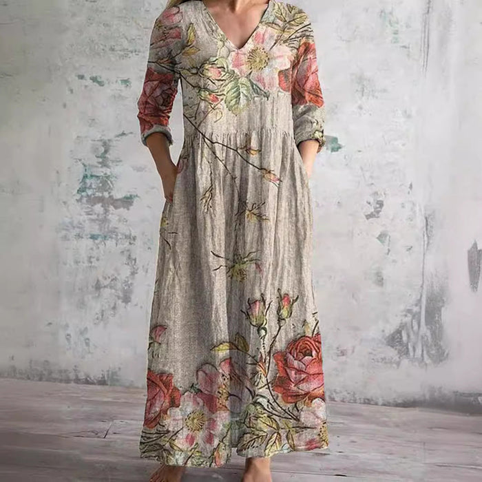 Brigitte - Robe Longue Femme en Lin Fleurie