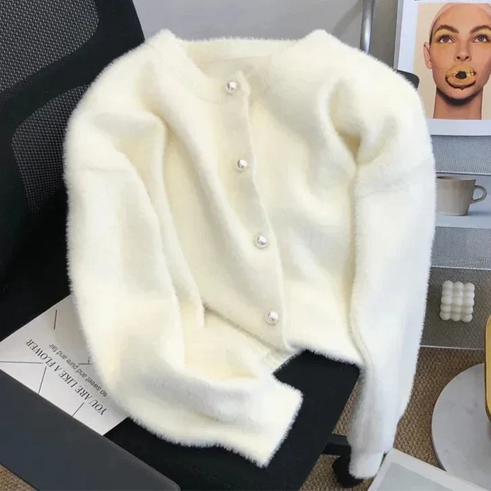 Éléonore - Cardigan Maille Velours Boutons Perles Femme