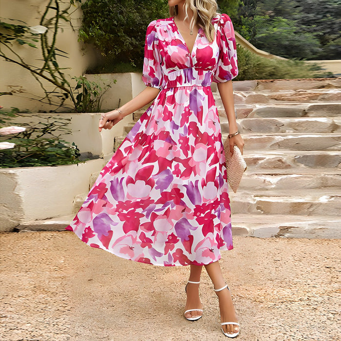 Mireille - Robe Midi Fleurie Col V Élégante