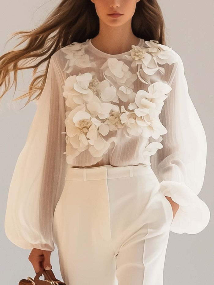 Delphine - Chemise Chiffon Élégante Fleurs 3D Femme