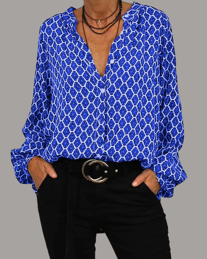 Blouse Femme Imprimée Col V Manches Longues - Charlotte