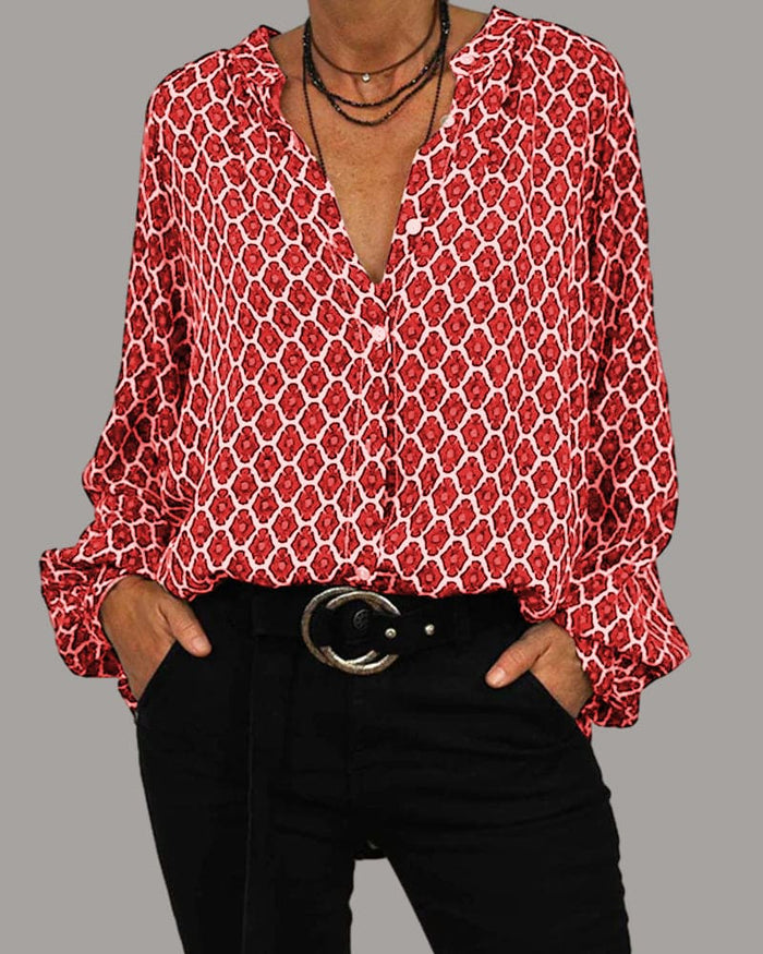 Blouse Femme Imprimée Col V Manches Longues - Charlotte