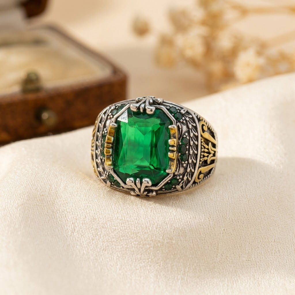 Bague Vintage en Argent Émeraude — Doumira