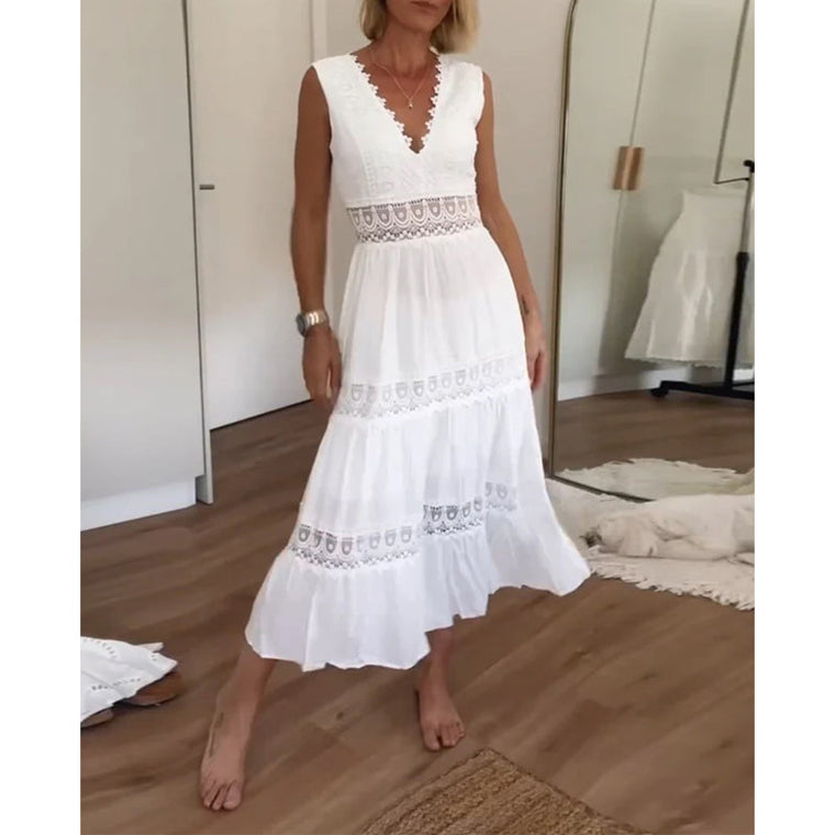 Robe Longue Femme En Dentelle Blanche Bohème - Sylvie