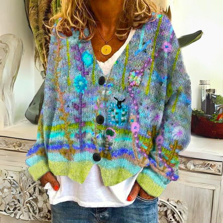 Charlotte - Cardigan Bohème Multicolore Broderies Florales Femme