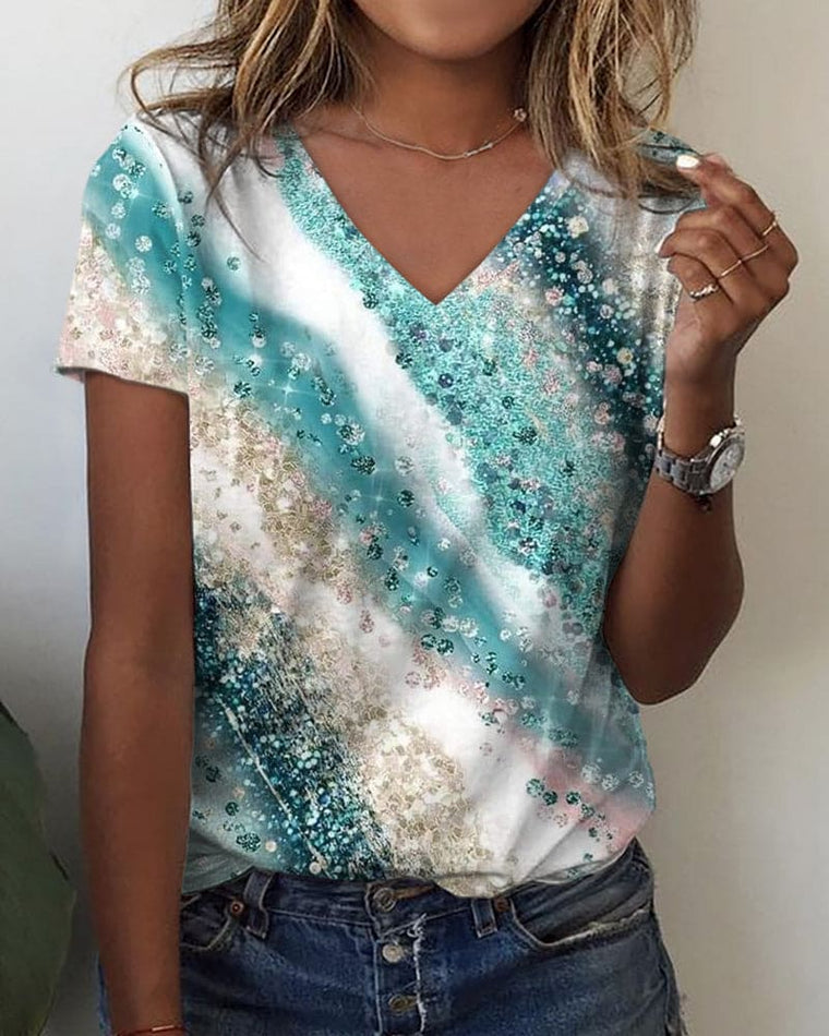 T-Shirt Femme Imprimé Col V Manches Courtes - Léonie