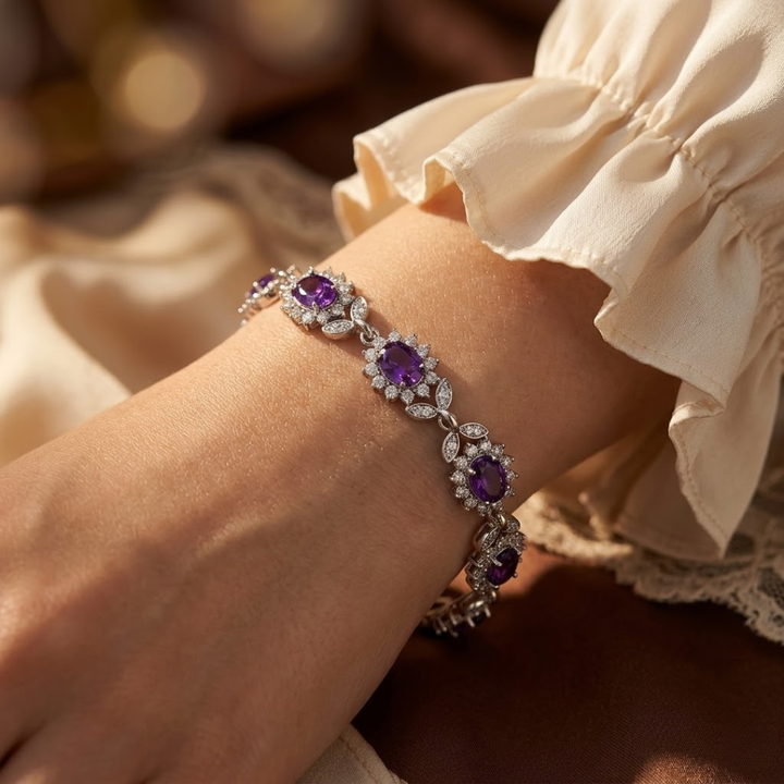 Bracelet Floral en Améthyste Argentée — Doumira