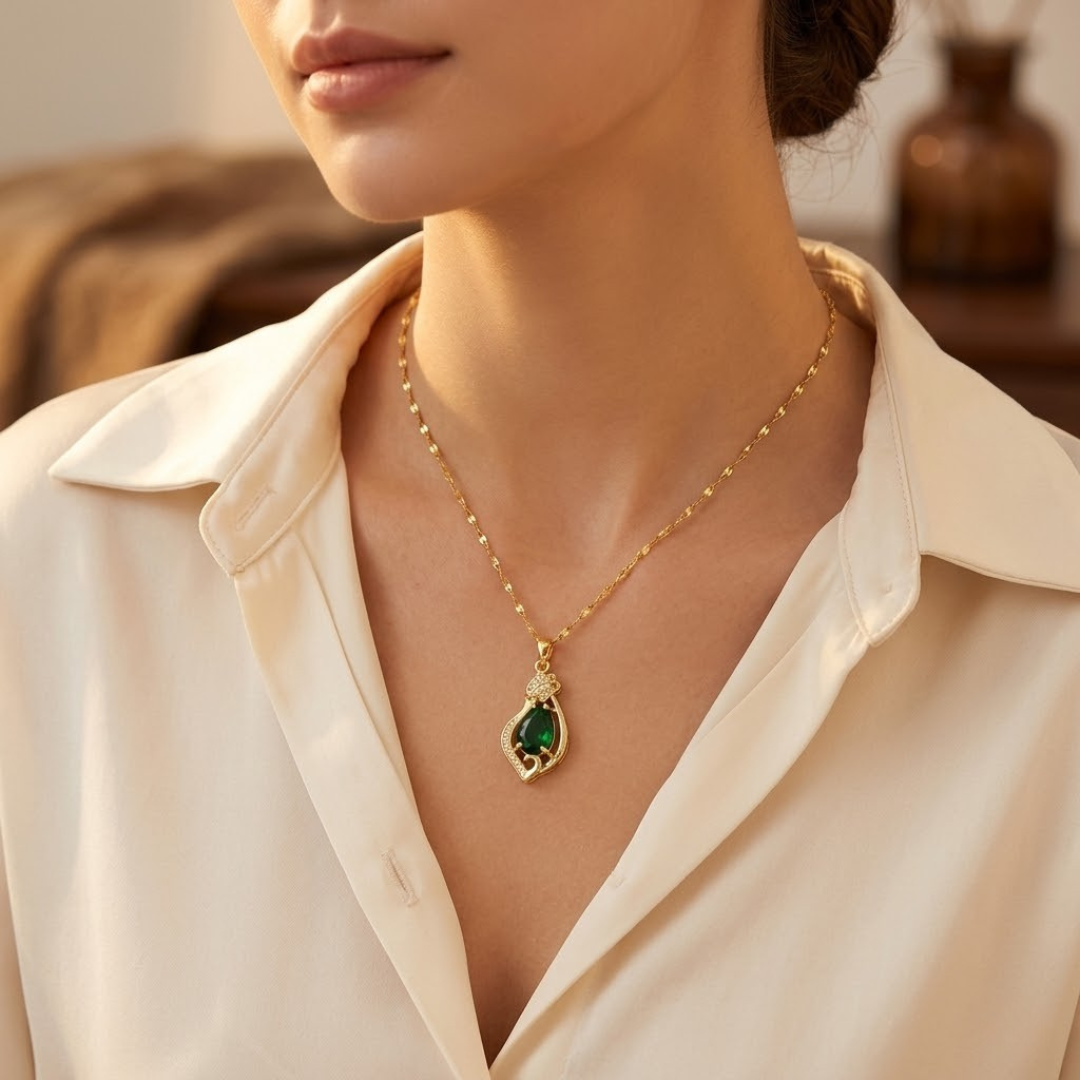 Collier Pendentif Goutte d'Eau en Émeraude Dorée — Doumira