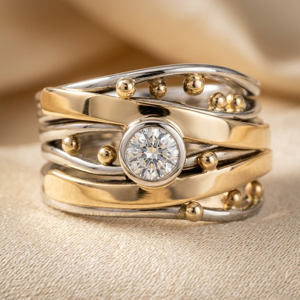 Bague en Argent et Or avec Monture en Enveloppement — Doumira