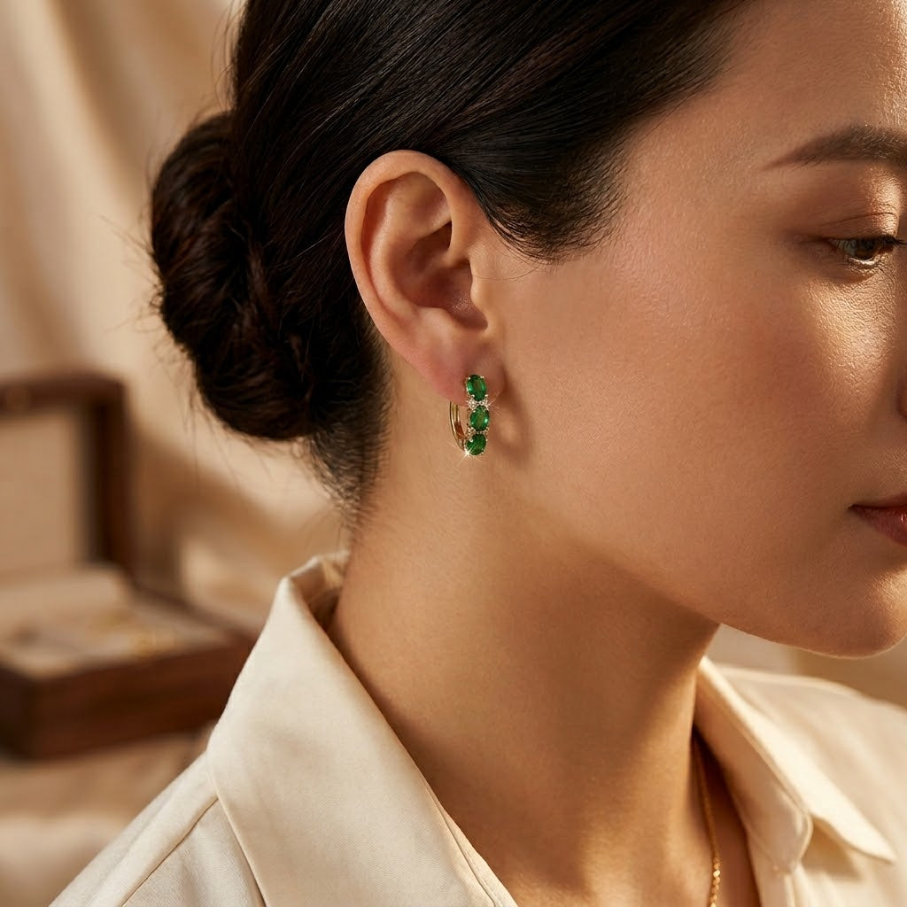 Boucles d'oreilles créoles verticales en or et émeraude — Doumira