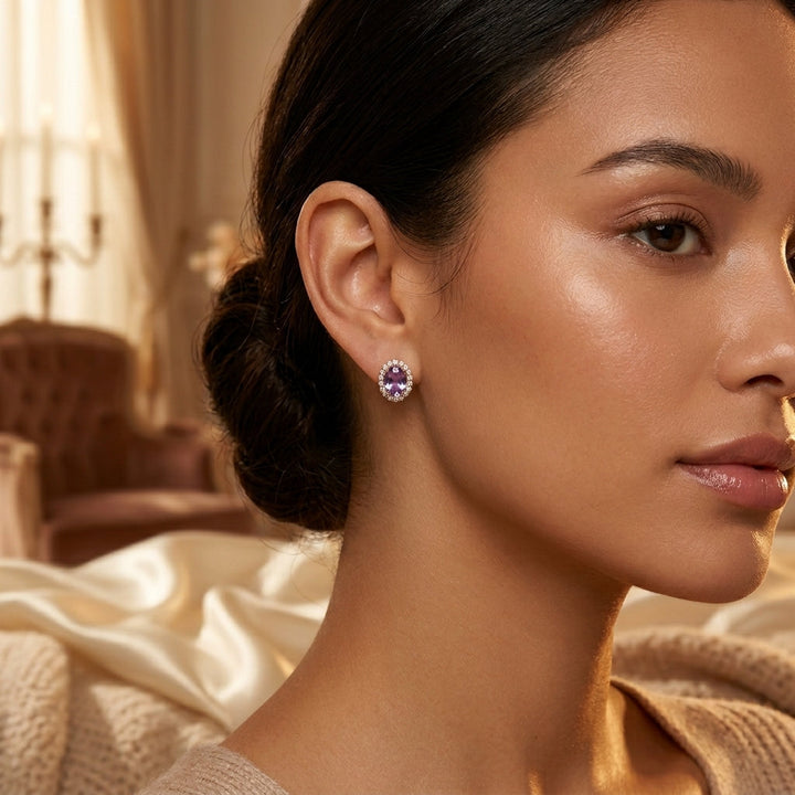 Boucles d'oreilles Halo en Or et Améthyste — Doumira