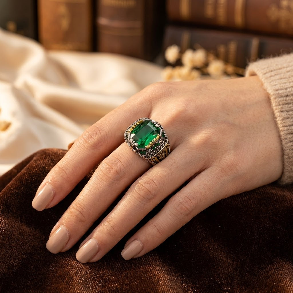 Bague Vintage en Argent Émeraude — Doumira