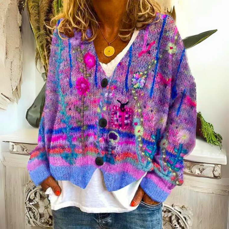 Charlotte - Cardigan Bohème Multicolore Broderies Florales Femme