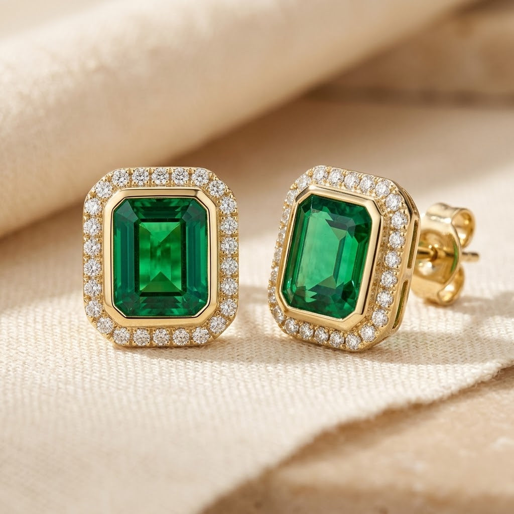 Boucles d'oreilles en or avec émeraude en forme de carré — Doumira