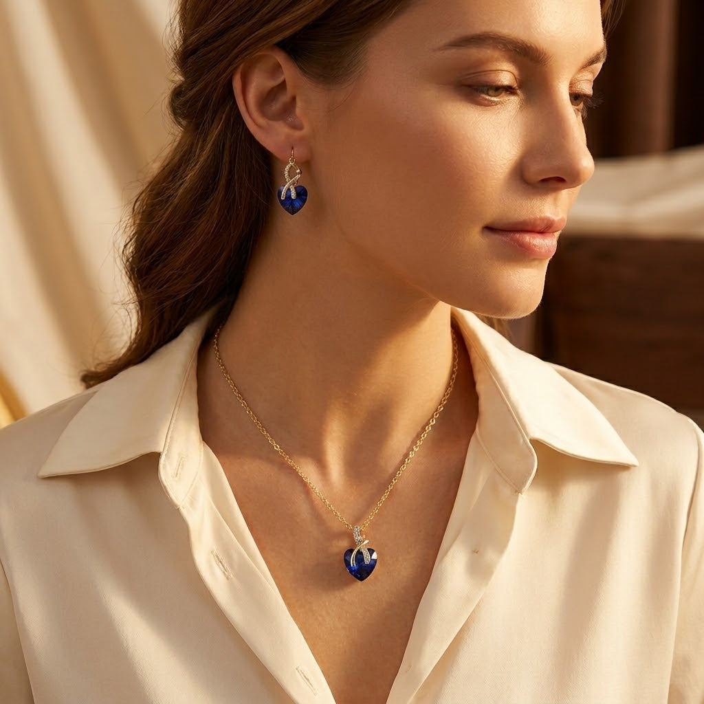 Collier et Boucles d'Oreilles en Saphir Doré en Forme de Cœur — Doumira