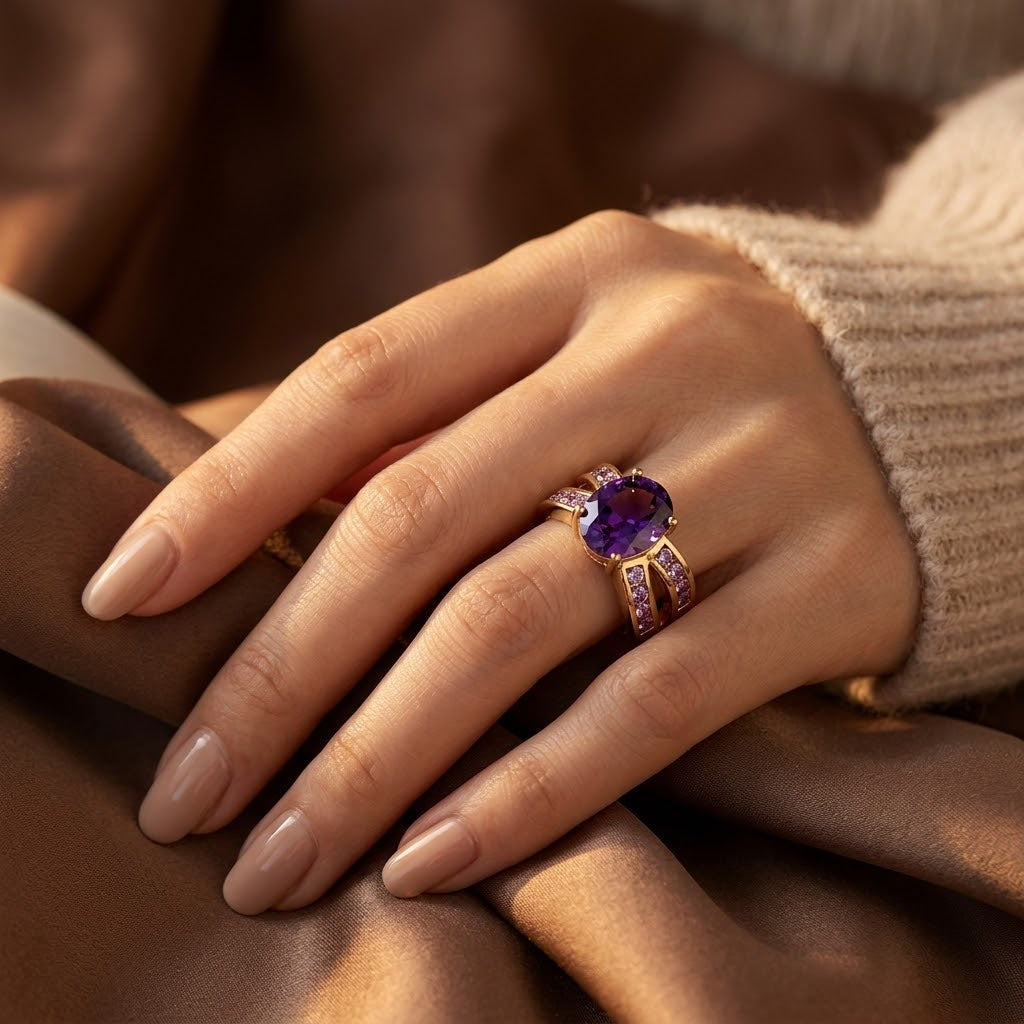 Bague à bande fendue en or et améthyste — Doumira