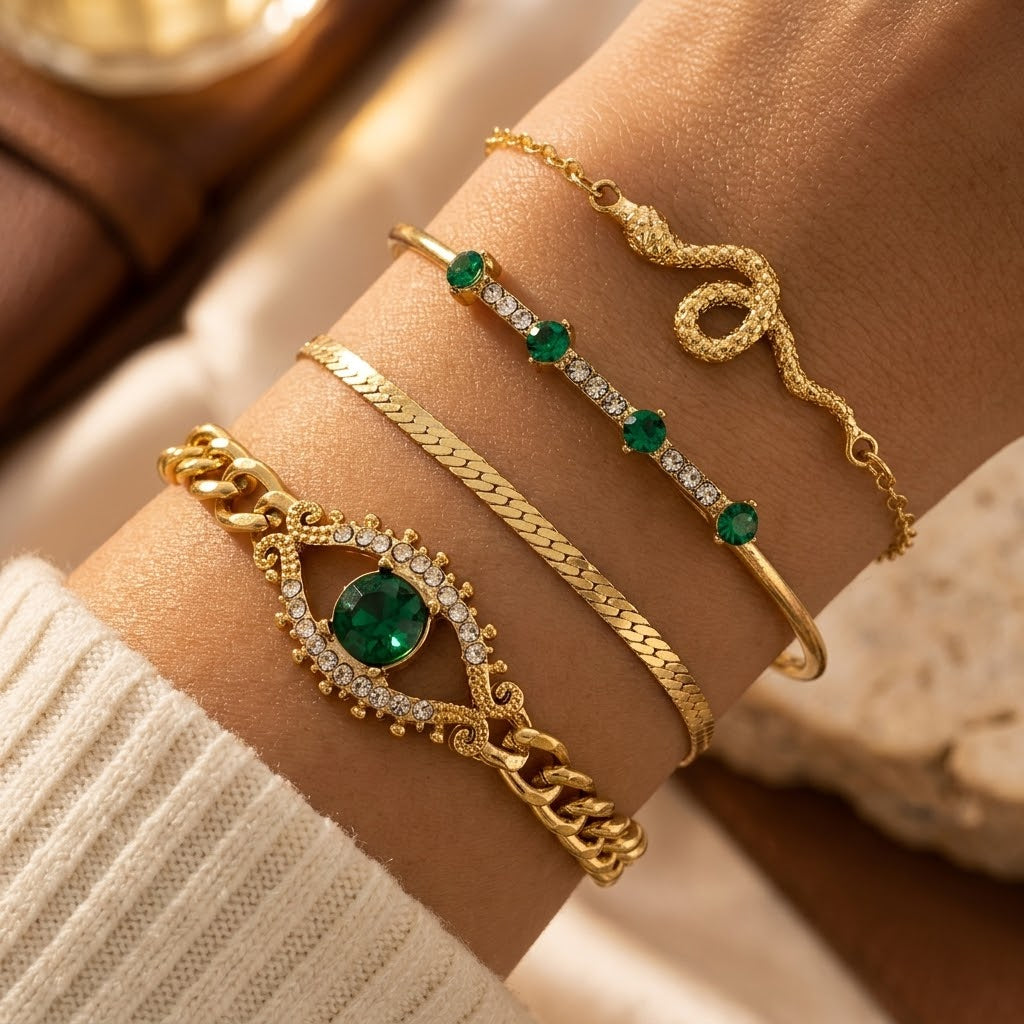 Bracelet Set en Émeraude Dorée — Doumira