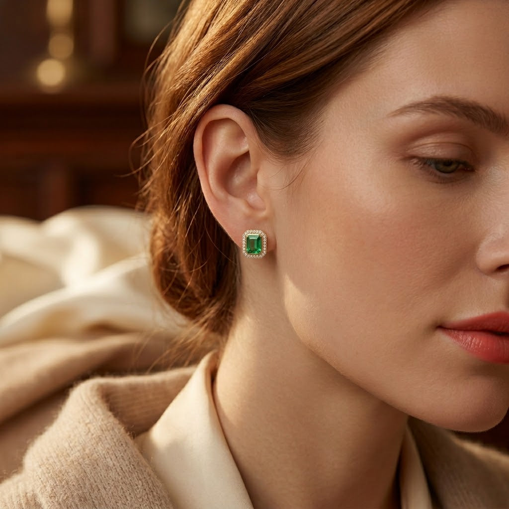 Boucles d'oreilles en or avec émeraude en forme de carré — Doumira