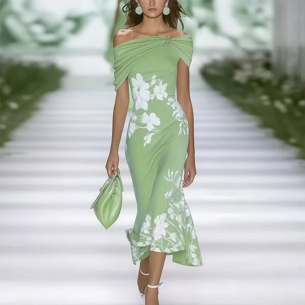 Noémie - Robe Midi Femme Fleurie Épaules Dénudées