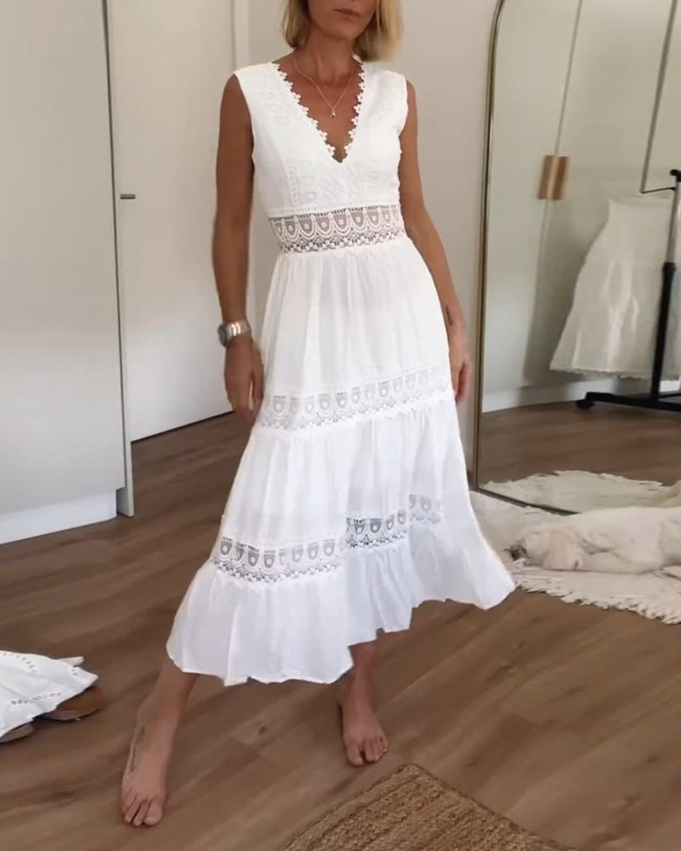 Robe Longue Femme En Dentelle Blanche Bohème - Sylvie
