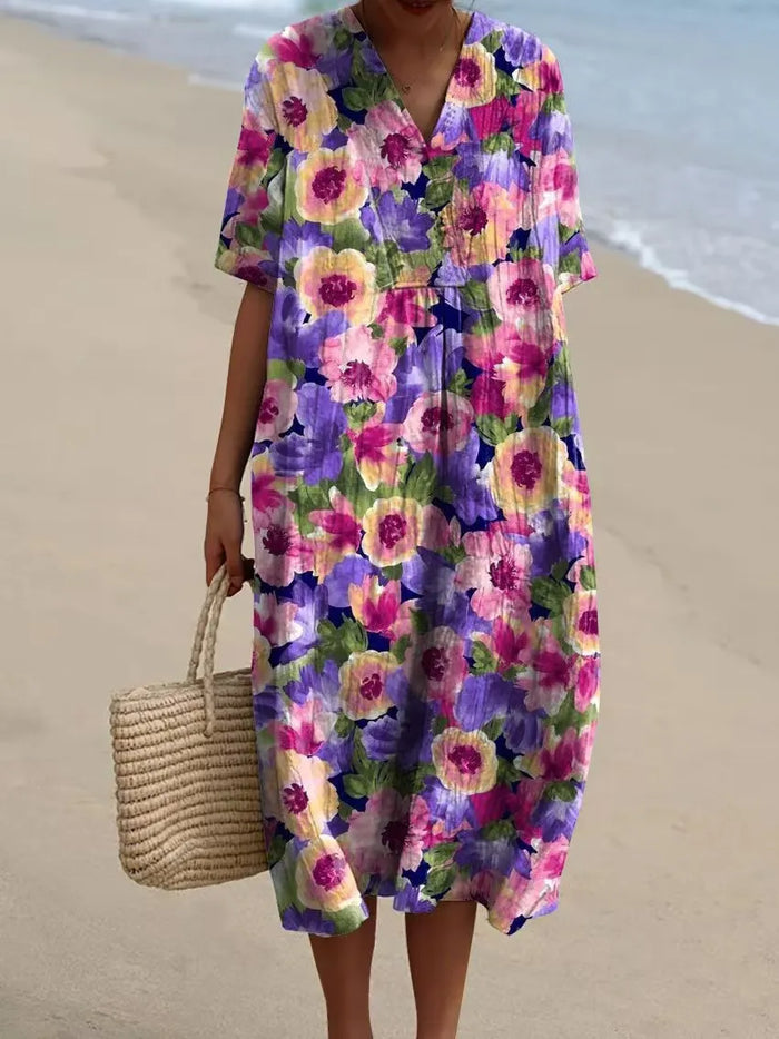 Florence - Robe en Lin Fleurie Col V Femme
