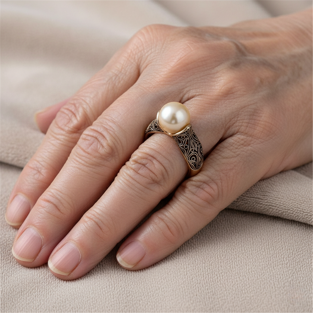 Bague Rétro Dorée avec Perle — Doumira