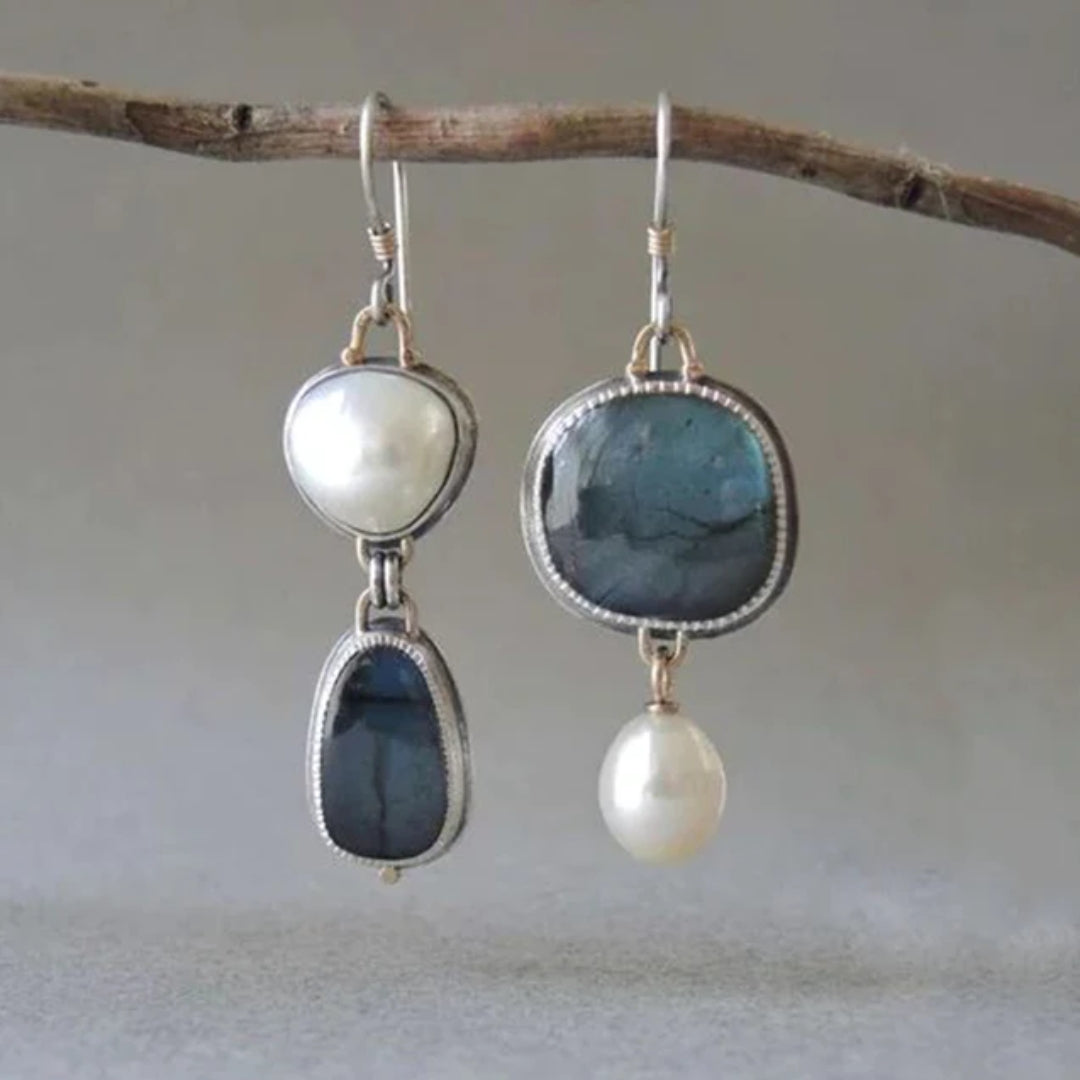 Boucles d'oreilles Vintage en Pierre Bleue et Perle — Doumira