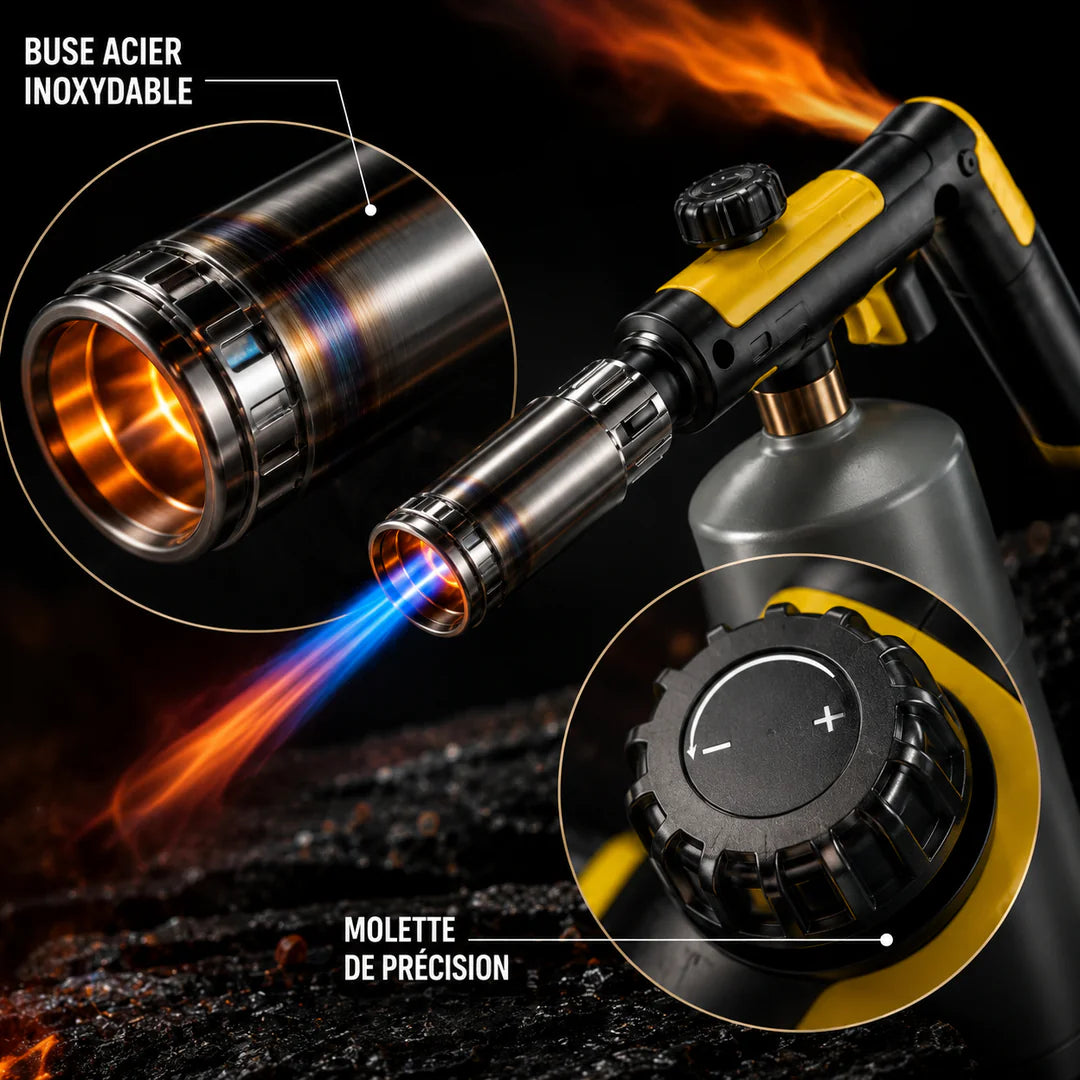 Chalumeau propane 1800 °C – flamme réglable et verrouillage de sécurité