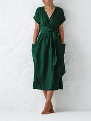 Robe Portefeuille Femme En Lin Midi Ceinture - Léonie