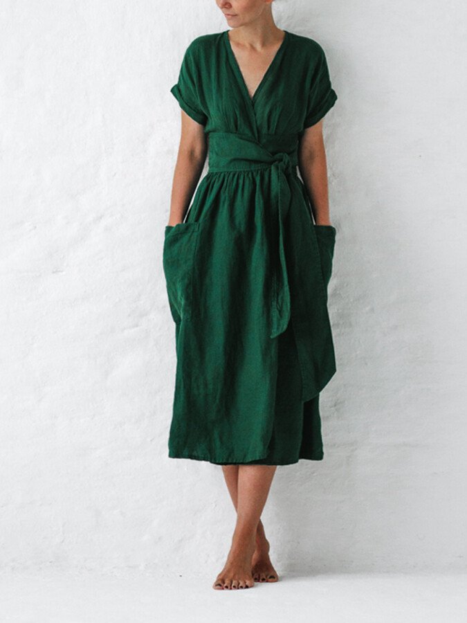 Robe Portefeuille Femme En Lin Midi Ceinture - Léonie
