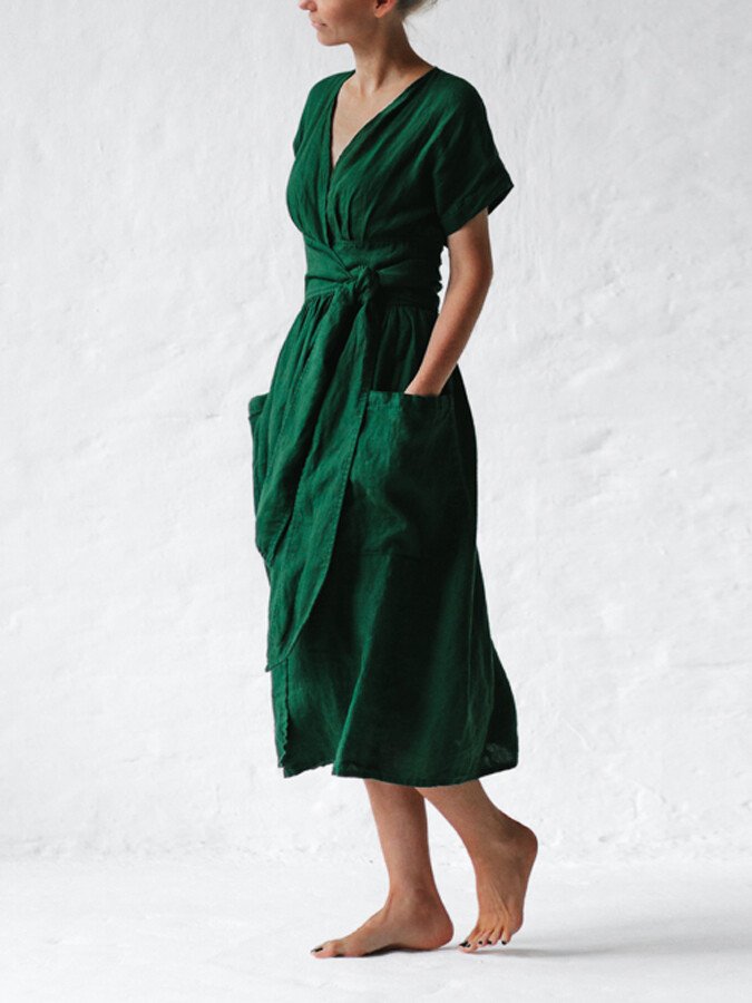 Robe Portefeuille Femme En Lin Midi Ceinture - Léonie