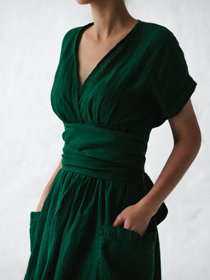 Robe Portefeuille Femme En Lin Midi Ceinture - Léonie