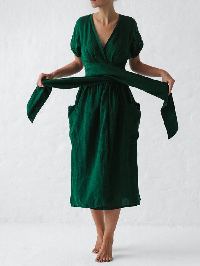 Robe Portefeuille Femme En Lin Midi Ceinture - Léonie