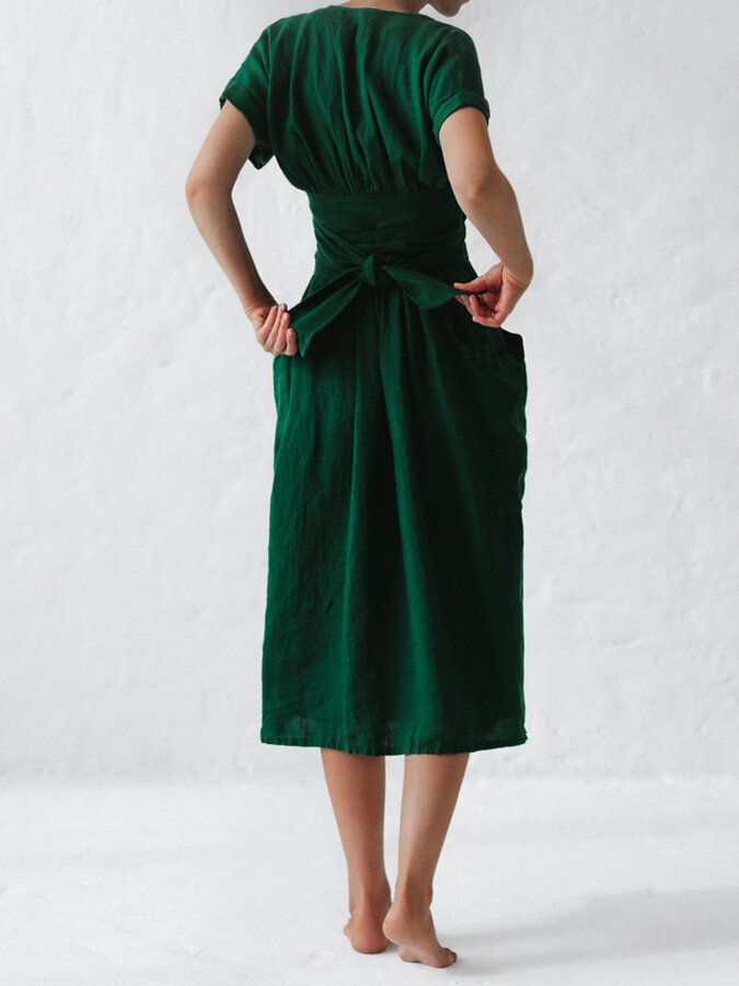 Robe Portefeuille Femme En Lin Midi Ceinture - Léonie