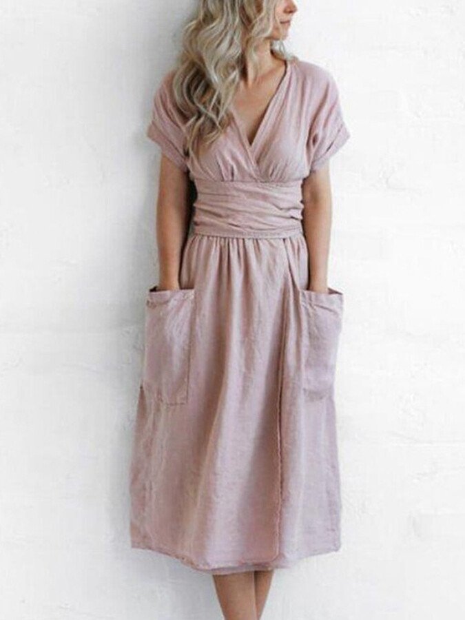 Robe Portefeuille Femme En Lin Midi Ceinture - Léonie