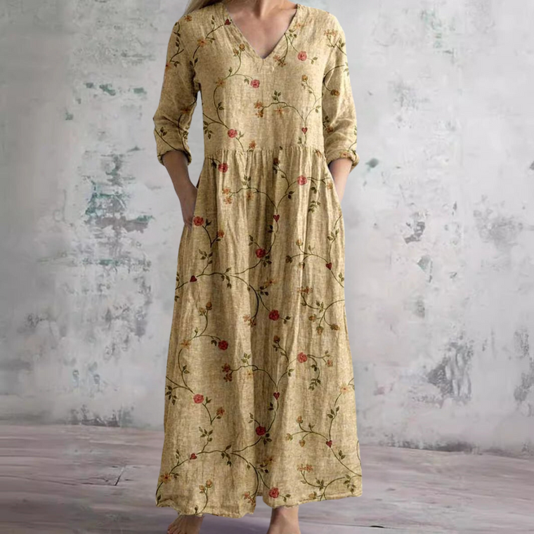 Brigitte - Robe Longue Femme en Lin Fleurie