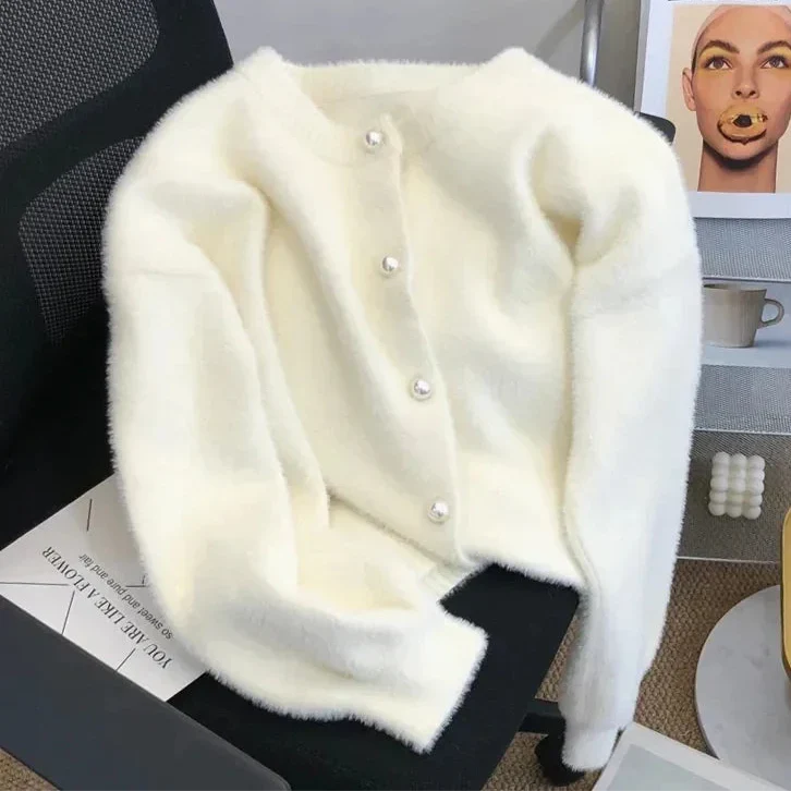 Éléonore - Cardigan Maille Velours Boutons Perles Femme