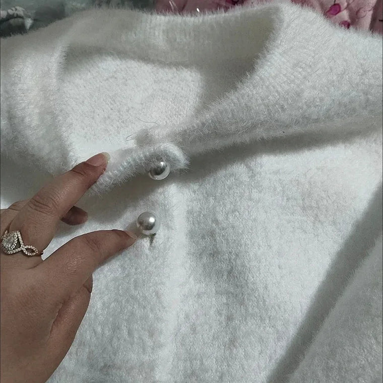 Éléonore - Cardigan Maille Velours Boutons Perles Femme