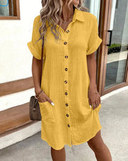 Céline - Belle Robe Chemise en Lin Boutonnée