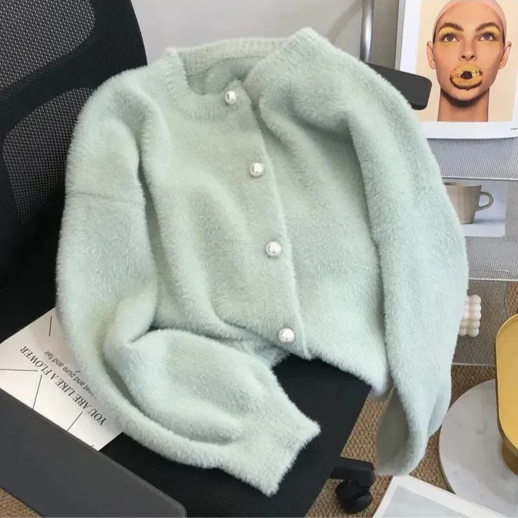 Éléonore - Cardigan Maille Velours Boutons Perles Femme