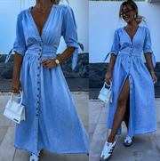 Joëlle - Robe Longue en Jean Col V