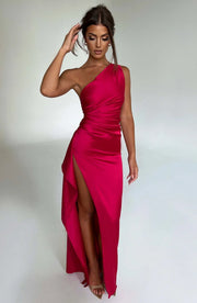 Auriane - Robe Satinée Plissée Avec Fente Et Épaule Asymétrique
