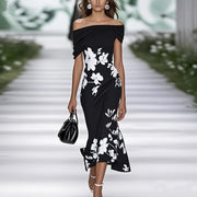 Noémie - Robe Midi Femme Fleurie Épaules Dénudées