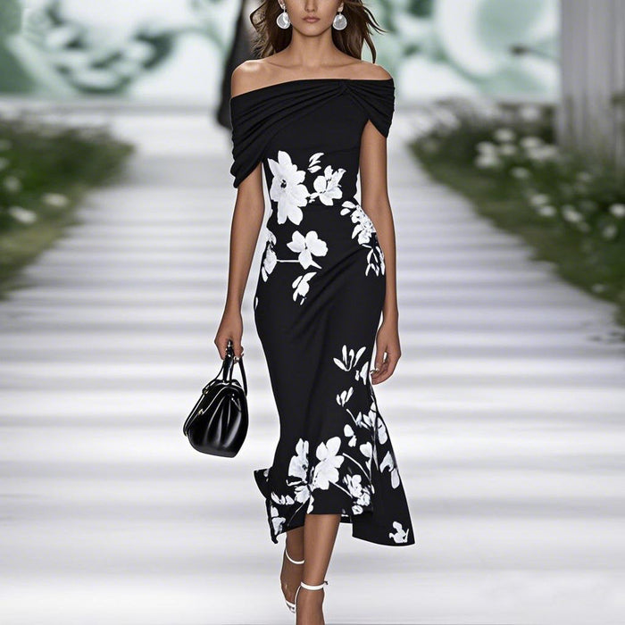 Noémie - Robe Midi Femme Fleurie Épaules Dénudées