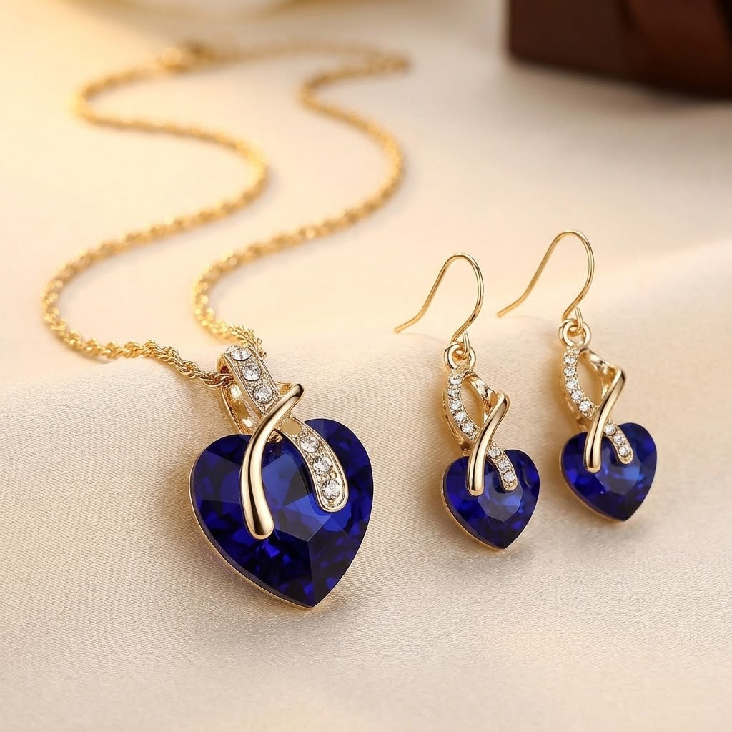 Collier et Boucles d'Oreilles en Saphir Doré en Forme de Cœur — Doumira