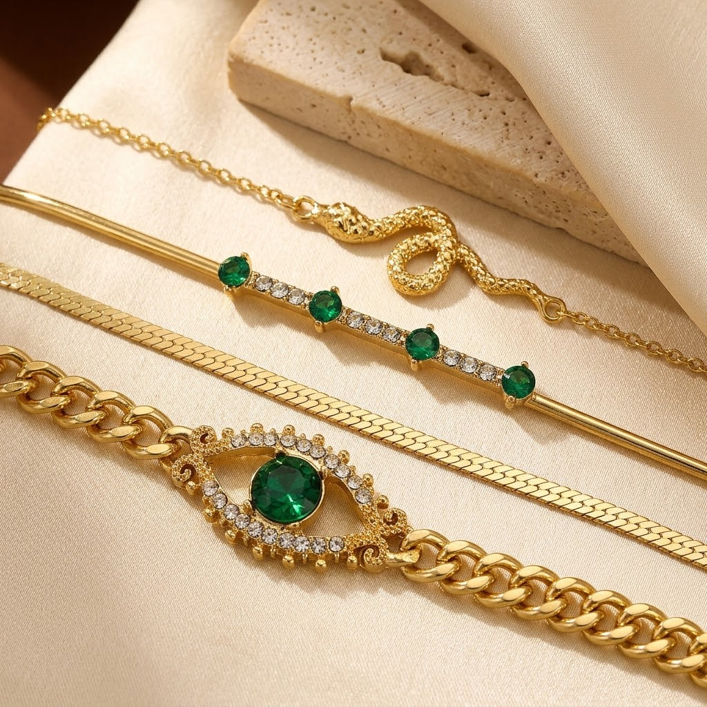 Bracelet Set en Émeraude Dorée — Doumira